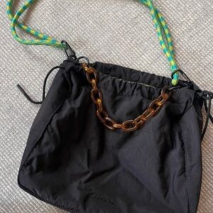 Rotunda Black Nylon Shoulder Bag with Chain Accent